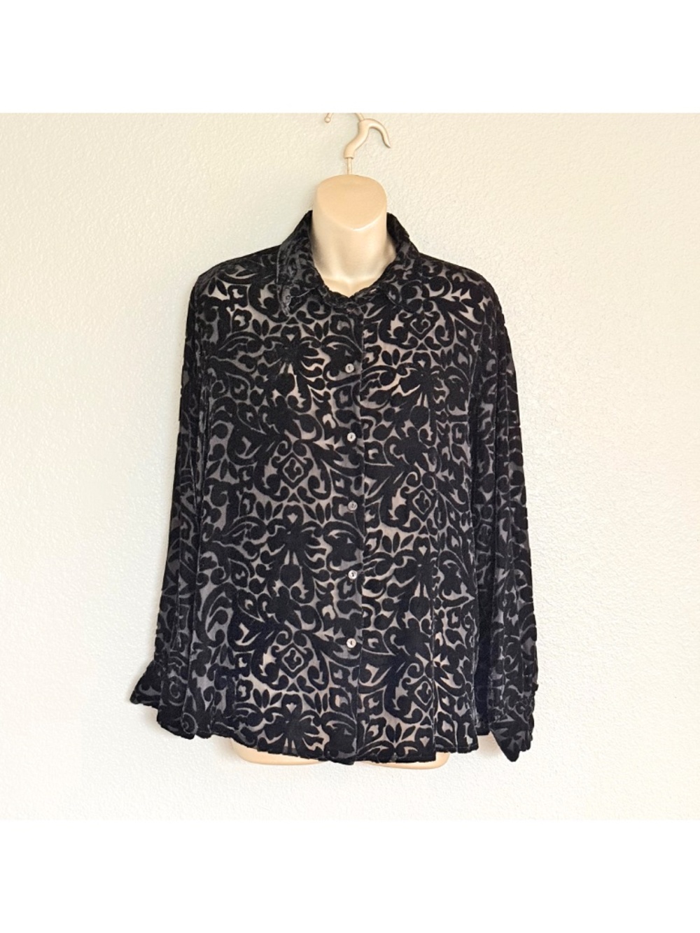 VTG 90s Whimsigoth Witchy Sheer Black Silk Velvet Burnout Floral Shirt Sz M